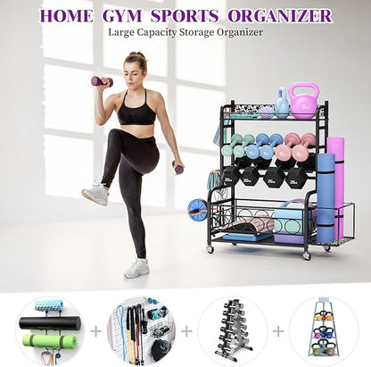 Weight Rack for Dumbbells, Dumbbell Rack Weight Stand, VOPEAK Home Gym Storage Rack for Yoga Mat Kettlebells and Strength Training Equipment, Weight Storage Holder Rack for Dumbbells with Wheels