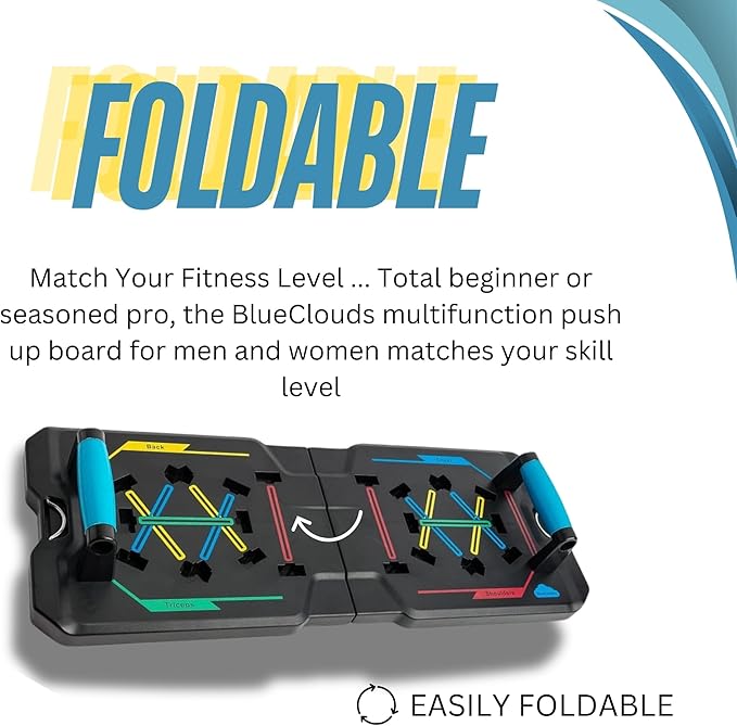 BlueClouds Push Up Board and Pilates Bar Kit - Color Coded Foldable Pushup Board Fitness Tool - Reinforced Aluminum Resistance Band Bar - At Home Gym Accessories for Men and Women - Portable Gym