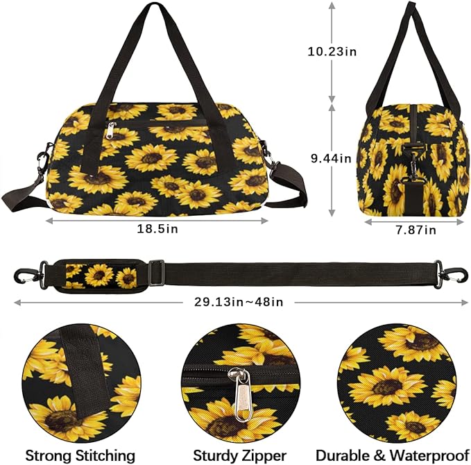 Summer Floral Sunflower Black Gym Bag for Women Men, Small Travel Duffel Bag for Sports Getaway Overnight Bag Lightweight Weekender Bags Workout Bag Dance Bag for Boys Girls Kids Teens