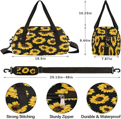 Summer Floral Sunflower Black Gym Bag for Women Men, Small Travel Duffel Bag for Sports Getaway Overnight Bag Lightweight Weekender Bags Workout Bag Dance Bag for Boys Girls Kids Teens