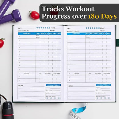 Fitness/Workout Journal for Women & Men, Workout Log Book to Track Exercise Progress, 6 Months Running Journal Workout Equipment Home Gym Gift-Dark Green