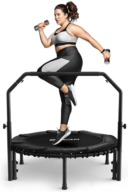 BCAN 450/550 LBS Foldable Mini Trampoline, 40"/48"/50" Fitness Trampoline with Bungees, U/T Shape Adjustable Foam Handle, Stable & Quiet Exercise Rebounder for Kids Adults Indoor/Garden Workout