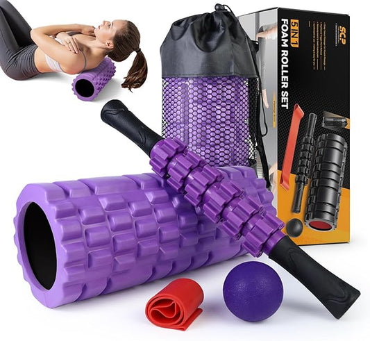 SUBCULTUREPICK5 in 1 Foam Roller Set for Deep Tissue Muscle Massage, Trigger Point Fitness Patented Exercise Foam Roller, Massage Roller, Massage Ball, Stretching Strap, for Whole Body (Purple)