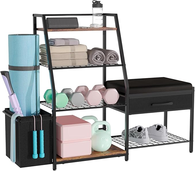 Home Gym Storage Rack with Bench, Workout Equipment Storage Organizer, Gym Organizer Rack for Home Dumbbells Kettle bells Yoga Mat Blocks Rollers All in One Gym Accessories Storage Rack