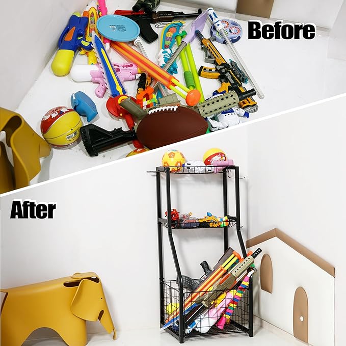 YueTong Sports Equipment Organizer for Garage Organization,Ball Storage With Basketball Holder and Ball Cart Rack,Outdoor Toy Storage with Bin for Nerf Gun,Football,Volleyball Stuf,Gym Accessories