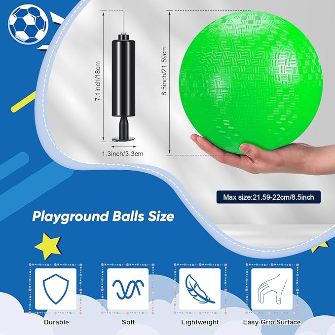 Sumind 4 Pcs Playground Ball for Kids 8.5 Inch Kickballs Dodgeball Inflatable Ball with Pump and Storage Bag PVC Rubber Bouncy Handball for Kids Adults Sports Outdoor Games and Activities (Green)