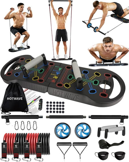 HOTWAVE Portable Exercise Equipment with 16 Gym Accessories.20 in 1 Push Up Board Fitness,Resistance Bands with Ab Roller Wheel,Full Body Workout at Home