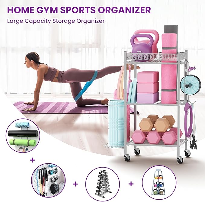 Yoga Mat Storage Rack, Home Gym Storage Rack Yoga Mat Holder, VOPEAK Workout Storage for Yoga Mat, Foam Roller, Gym Organizer Gym Equipment Storage for Home Exercise and Fitness Gear (Metal)