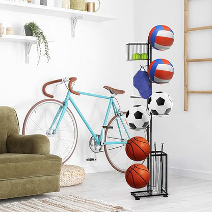 Basketball Ball Storage Rack 7 Tier Standing Basketball Holder Vertical Garage Ball Storage Ball Sports Equipment Storage Organizer with Baskets and Hooks for Volleyball Football Badminton, Black