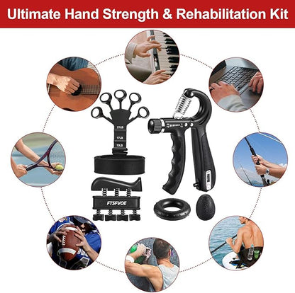 Grip Strength Trainer Kit (5 Pack) with Hand Grip Strengthener, Hand Extension Exerciser, Finger Stretcher, Stress Relief Ball and Forearm Workout Ring for Muscle Building and Injury Recover