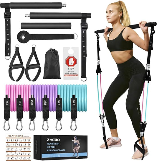 Zacro Pilates Bar Kit with Resistance Bands, 3-Section Pilates Bar with Adjustable Strap, Door Anchor, Handles and Foot Strap, Portable Home Gym Pilates Resistance Bar Kit for Full Body Workouts