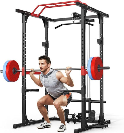 Power Cage, 1200lbs Capacity Power Rack with Adjustable Cable Crossover System, Multi-Function Squat Rack with Pulley System, Weight Cage for Home Gym with Training Attachments