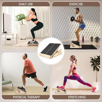 2-in-1 Professional Wooden Balance Board & Slant Board, Four Adjustable Incline Board and Calf Stretcher, Stretch Board for Knees Ankle Heel Feet Leg