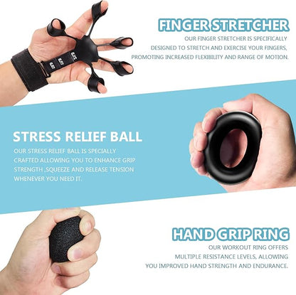 10 Pack Grip Strength Trainer Kit, Hand Grip Strengthener, Finger stretching exercises, Grip Ring, Stress Relief Ball, Adjustable Forearm workout trainer for Muscle Building and Injury Recover