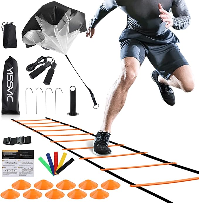 YISSVIC Agility Ladder 20 Feet 12 Adjustable Rungs Speed Training Equipment Set, Agility Ladder, Football Cones, Running Parachute, Jump Rope, Resistance Bands