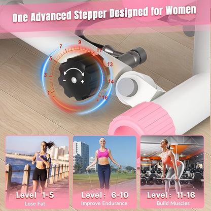 Steppers for Exercise at Home, Adjustable Resistance Stair Steppers for Women with Arm Training Bands, 10DB Super Quiet Mini Steppers with 350LBS Loading Bearing Home Fitness Equipment