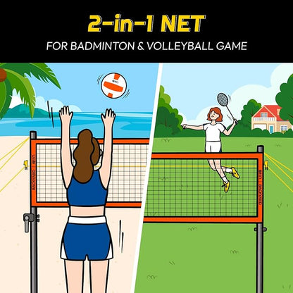 A11N Outdoor Volleyball and Badminton Combo Set - Includes Adjustable Height Anti-Sag Net, Volleyball, Air Pump, 4 Badminton Rackets, 2 Shuttlecocks, Boundary Line Marker, and Carrying Bag