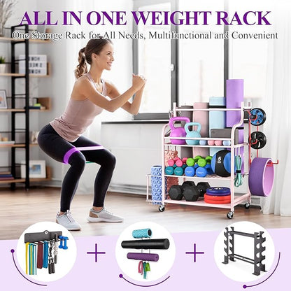 Mythinglogic Yoga Mat Storage Racks,Home Gym Storage Rack for Dumbbells Kettlebells Foam Roller, Yoga Strap and Resistance Bands, Workout Equipment Storage Organizer With Hooks and Wheels