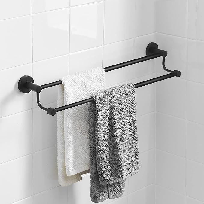 BESy Adjustable 16.5-28.5 Inches Double Bath Towel Bar for Bathroom SUS304 Stainless Steel Towel Holder, Hotel Style Wall Mount with Screws Hand Towel Bar，Towel Rack Rod Hanger, Matte Black Finish