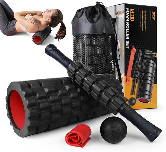 5 in1 Foam Roller Set, Trigger Point Foam Rollers, Massage Roller Stick, Massage Ball, Resistance Band for Deep Muscle Massage Pilates Yoga,Fitness Exercise for Whole Body (Black-Red)