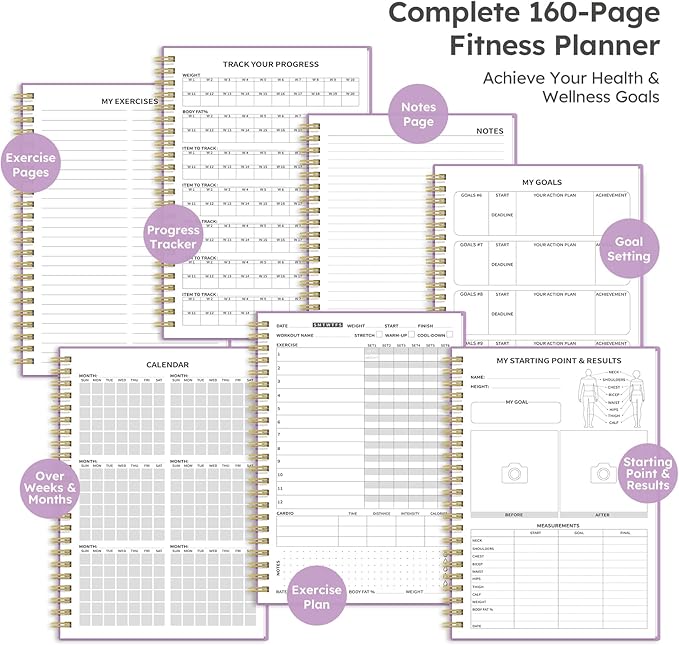 Fitness Workout Journal for Women & Men, A5(5.5" x 8.2") Workout Log Book Planner for Tracking, Progress, and Achieving Your Wellness Goals - Purple