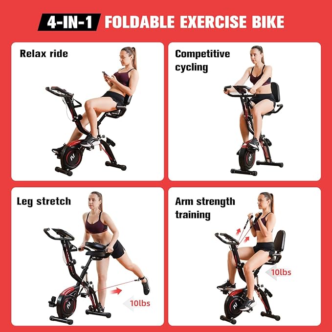 Folding Exercise Bike with Arm & Leg Band, Foldable Stationary Bike for Seniors, Recumbent Exercise Bike for Home, Pluse Sensor, Back Rest, Large Seat, 330lbs Max Weight