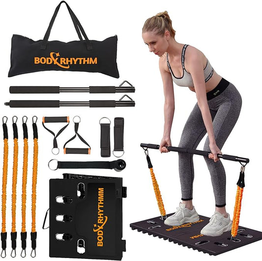 BODY RHYTHM Portable Home Gym Workout Equipment - Includes 150 lbs Resistance Bands, Collapsible Bar, Handles and More - Full Body Workouts System for Women & Men.