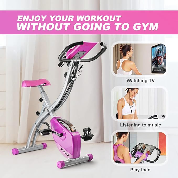 Folding Exercise Bike Portable Upright Adjustable Backrest Cycling Recumbent Stationary Bike Slim Indoor Workout Fitness Cardio Foldable Exercise Bicycle Machine with Pulse Sensor LCD Monitor Arm Resistance Bands