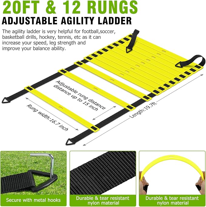 Speed and Agility Training Equipment: 5 Adjustable Agility Hurdles. 20ft Agility Ladder, Soccer Training Equipment Set for Kids Youth Adults