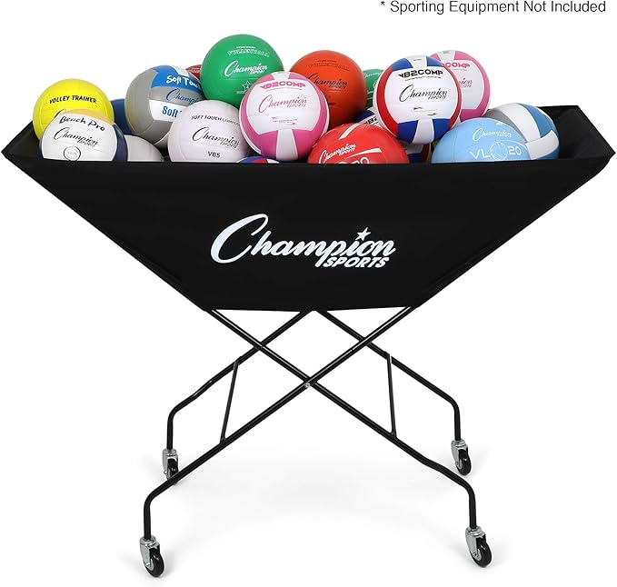 Champion Sports Volleyball Cart with Wheels, Holds up to 24 Balls - Collapsible, Portable Ball Storage with Sturdy Aluminum Frame, Hammock Style Bag - Premium Volleyball Equipment and Accessories , Black