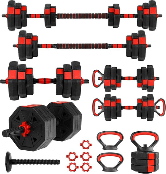 Adjustable Weights Dumbbells Set, 4 In 1 Adjustable Dumbbell Set with Connecting Rod Used as Barbell, Non-slip Handles & Base for Kettlebells 20LB/40LB/60LB Free Weights Dumbbells Set for Fitness