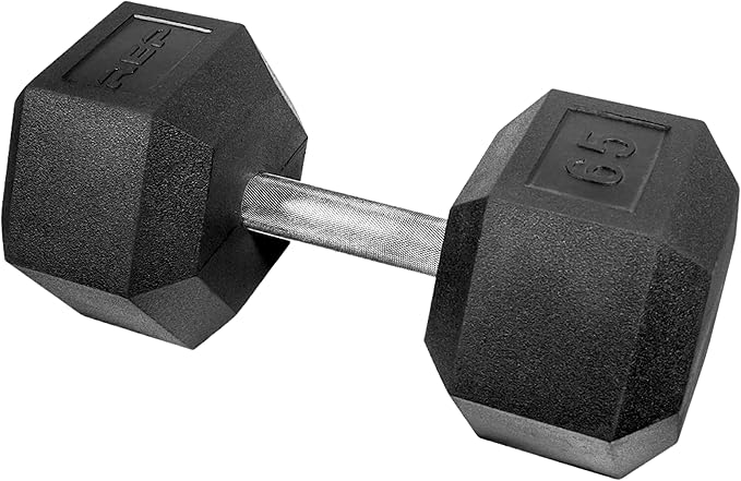 Rep Fitness Rubber Hex Dumbbell(s) - Singles (55LB +) and Pairs (5LB - 50LB) - Low Odor, Fully Knurled Handle