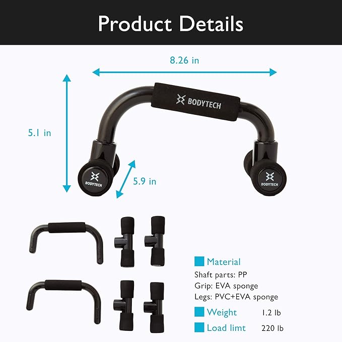 BODYTECH Push up Bars Strength Training with Foam Grip & Non-Slip handling. Load Capacity 220 lbs. Push Up Stands Handle for Floor Workouts