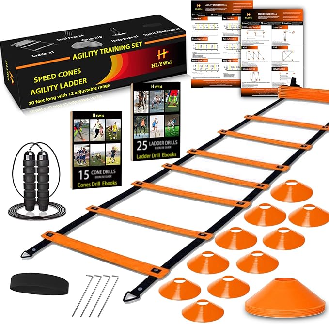 Speed Agility Training Set, includes 1 Agility Ladder, 4 Steel Stakes, 1 Sports Headband,1 Jump Rope, 10 Disc Cones and Gym Carry Bag - Speed Training Equipment for Soccer Football Basketball