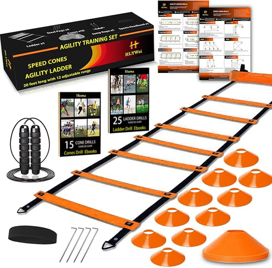 Speed Agility Training Set, includes 1 Agility Ladder, 4 Steel Stakes, 1 Sports Headband,1 Jump Rope, 10 Disc Cones and Gym Carry Bag - Speed Training Equipment for Soccer Football Basketball