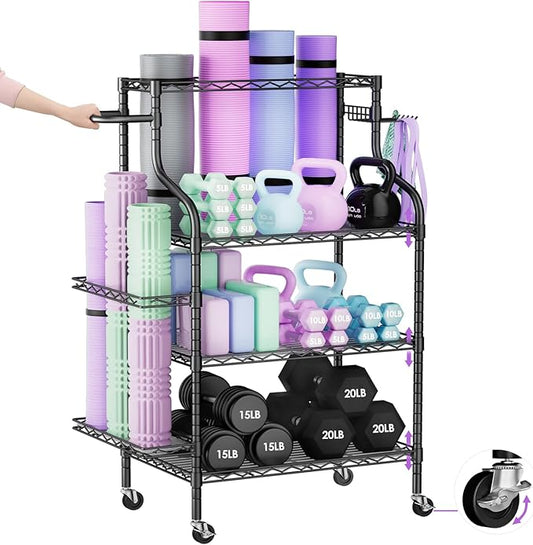 Weight Rack for Dumbbells, Yoga Mat Storage Rack, Home Gym storage Stand for Kettlebells Foam Roller, Yoga Strap and Resistance Bands, Workout Storage Organizer with Hooks and Wheels