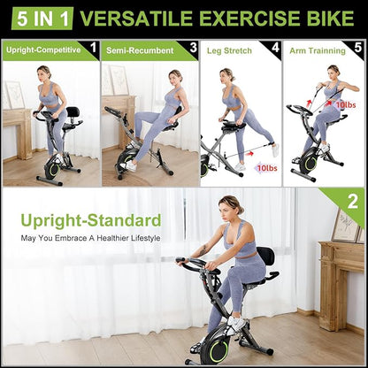 Indoor Exercise Bike for Seniors, 5 IN 1 Foldable Stationary Bike with 16-Level Magnetic Resistance and Tri-Position Ride, 300LBS Capacity, 5.5 LBS Flywheel, Designed for Home Workout