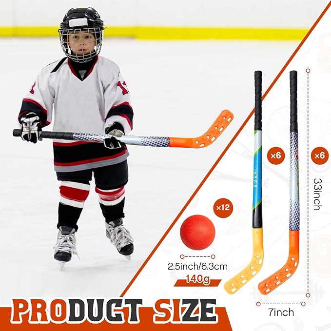 Shappy 12 Set Street Hockey Set 33 Inch Hockey Sticks Children Hockey Gear Street Hockey Ball for Kids Outdoor Indoor Floor Sports Training, Orange and Yellow