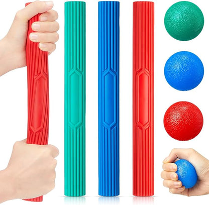 3 Pcs Twist Hand Exerciser Bars With 3 Hand Exercise Balls Fitness Resistance Bars for Physical Therapy Flexible Elbow Stress Balls Relieve Tendonitis Pain and Improve Grip Strength