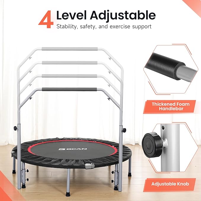 BCAN 40/48" Foldable Mini Trampoline Max Load 330lbs/440lbs, Fitness Rebounder with Adjustable Foam Handle, Exercise Trampoline for Adults Indoor/Garden Workout