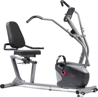 Sunny Health & Fitness Compact Performance Recumbent Bike with Dual Motion Arm Exercisers, Quick Adjust Seat & Optional Exclusive SunnyFit App Enhanced Bluetooth Connectivity