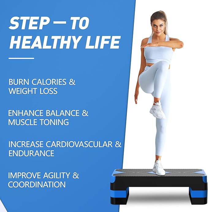 Aerobic Exercise Step, Adjustable Aerobic Stepper for Exercise, Workout Step Platform for Step Up, 26.5" Step Deck with 4” 6” 8” Adjustable Height Risers, Women Home Gym Cardio Fitness