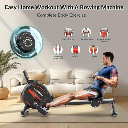 Rowing Machine,Wenoker Magnetic Rower Machine for Home,350 LB Weight Capacity, Smooth Whisper Quiet with LCD Monitor Tablet Holder & Comfortable Seat Cushion, Compact and Saves Space