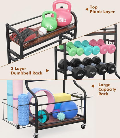 Weight Rack for Dumbbells, All in One Home Gym Storage Rack for Yoga Mat Dumbbells and Kettlebells Holder, 4 Tier Heavy Duty Metal Workout Gym Equipment Storage Organizer with Wheels and Hooks