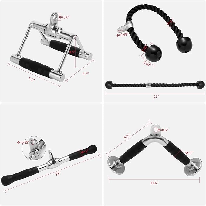 Tricep Press Down Cable Machine Attachment, Heavy Duty Solid Steel LAT Pulldown Attachments, Home Gym Accessories, Double D Row Handle, V Bar, Ankle Straps, Tricep Rope, Pull Down Bar