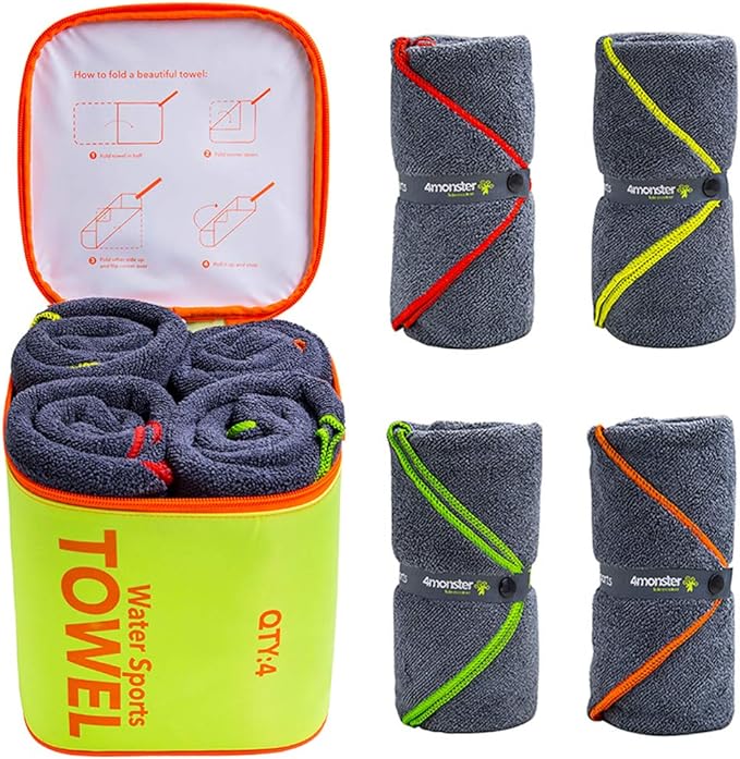 4Monster 4 Pack Microfiber Camping Towel Quick Dry,Super Absorbent Travel Towel Portable Swimming Towel with Waterproof Towel Bag, Lightweight Boat Towel for RV Sport Gym Beach Pool Family Trip