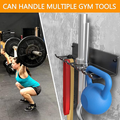 Gym Rack Organizer, Home Gym Accessories Hanger, Wall Mount Hooks for Olympic Barbells, Row Handles, Bats or Tools (E-Book Instruction Included)