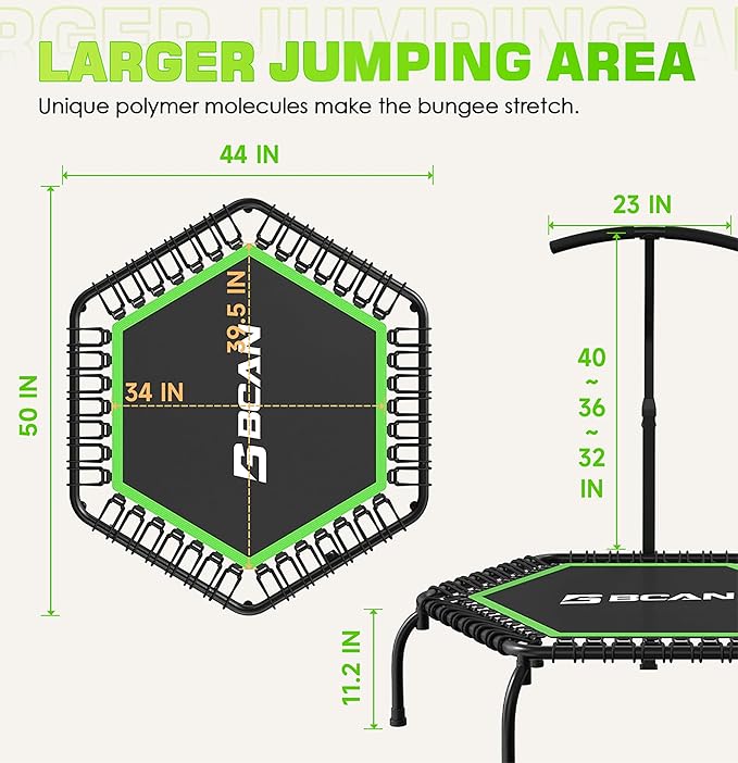 BCAN 48"/51" Mini Trampoline, 450/550 LBS Fitness Trampoline with T-Adjustable Handle Bar, Bungees, Stable & Quiet Exercise Rebounder for Adults Indoor/Garden Workout-Green