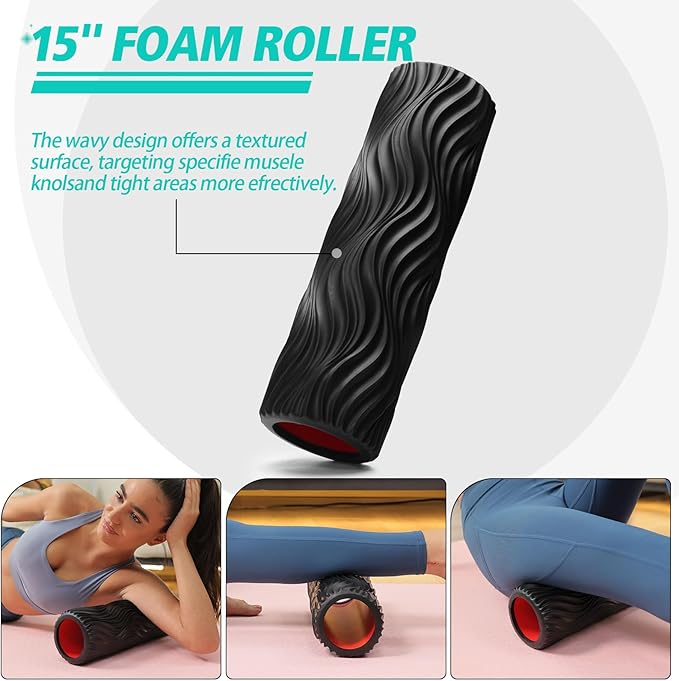 5 in 1 Foam Roller Set Muscle Massage Foam Ripple Roller for Deep Tissue Massage of The Back and Leg Muscles, Relieves Muscle Pain & Tightness, Improves Mobility (Black)