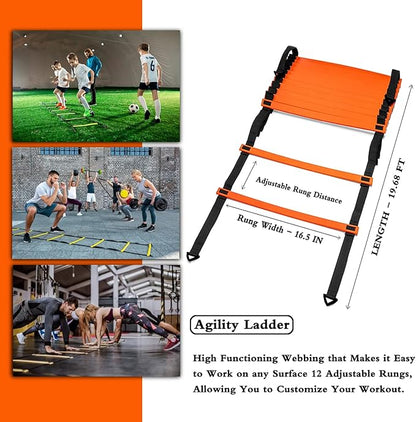 Speed Agility Training Set, includes 1 Agility Ladder, 4 Steel Stakes, 1 Sports Headband,1 Jump Rope, 10 Disc Cones and Gym Carry Bag - Speed Training Equipment for Soccer Football Basketball